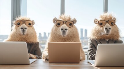 Three capybaras in business attire working on laptops in an office setting with a city view