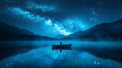 Solitary figure in boat on misty lake, Milky Way overhead, nighttime serenity; travel/meditation imagery