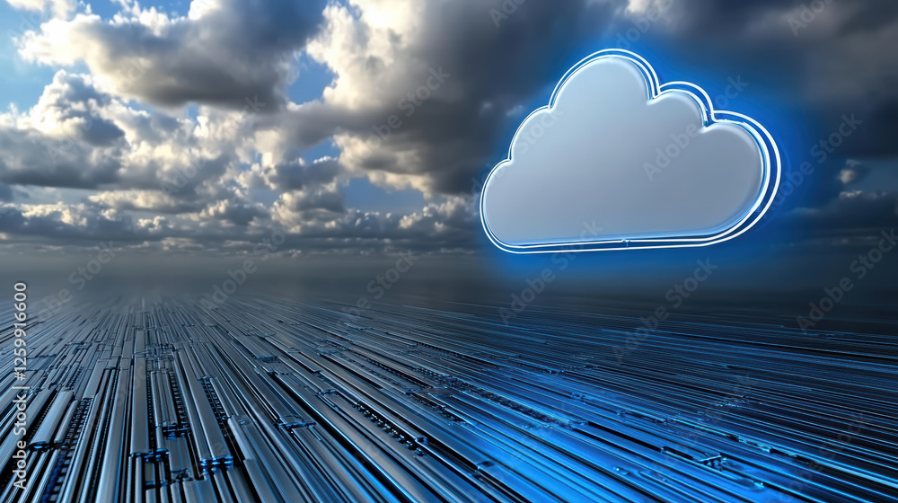 Poster cloud computing network with futuristic design and digital landscape