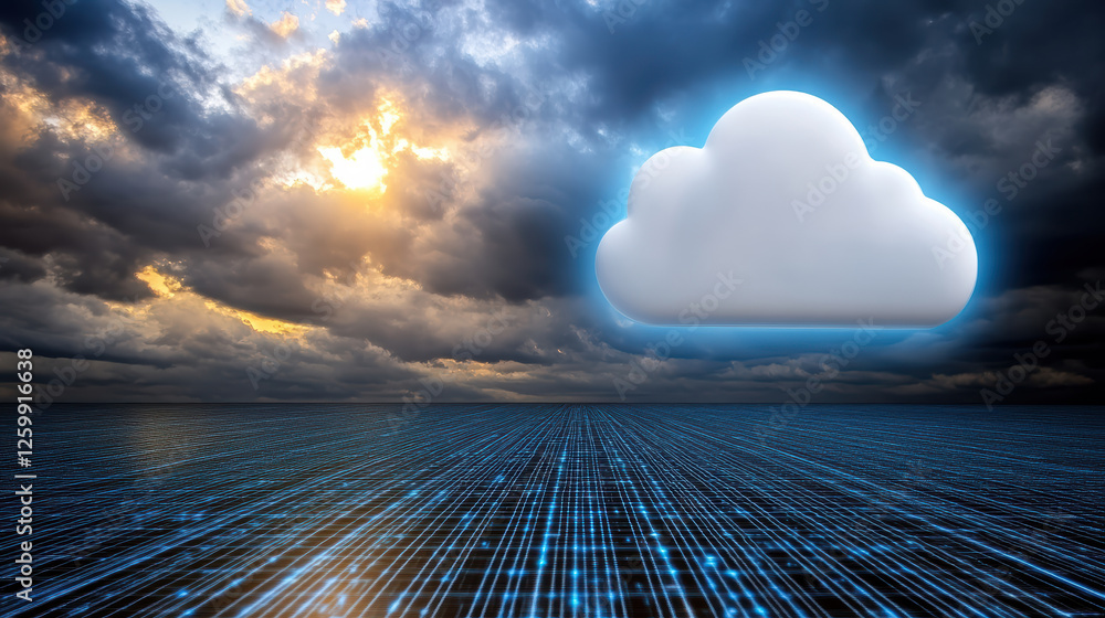 Poster cloud based data analysis system in digital landscape with dramatic skies