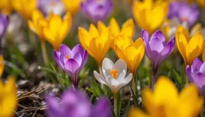 Fototapeta premium crocuses blooming in spring. Purple, white, and yellow flowers with bright orange stamens create a harmonious composition against a background of earth and greenery.