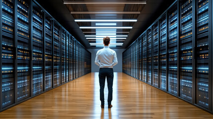 person stands in data center, surrounded by server racks, contemplating technology