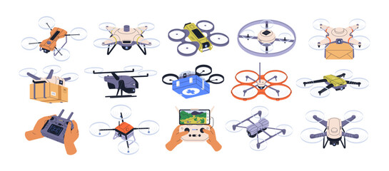 Flying drones set. Aerial unmanned vehicles with cameras, propellers. Military UAV, air robots for videography, observation, delivery copters. Flat vector illustration isolated on white background