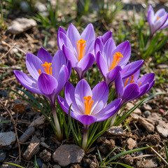 crocuses blooming in spring. Purple, white, and yellow flowers with bright orange stamens create a harmonious composition against a background of earth and greenery.