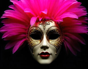 A woman's face is shown with a gold mask and pink feathers