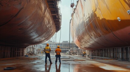 Shipyard. Workers constructing a large vessel. Emphasizing the scale and complexity of shipbuilding. Ideal for maritime industry articles.