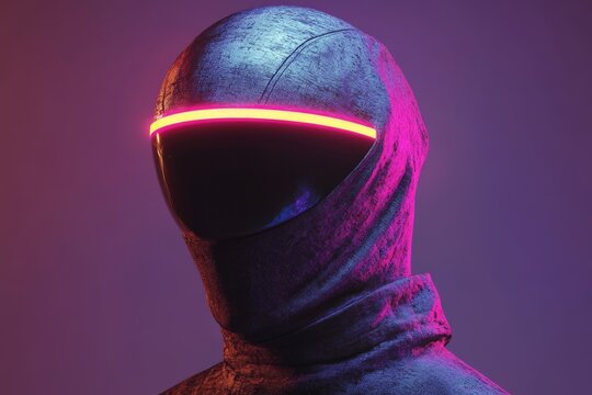 A cyberpunk-inspired humanoid figure wears a sleek, illuminated helmet with a bold neon stripe. The figure's enigmatic presence, wrapped in textured metallic fabric, embodies high-tech innovation.