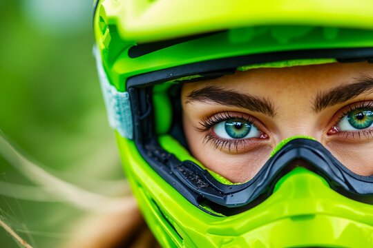 A close up of a woman wearing a green helmet and goggles