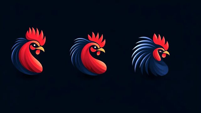 Colorful rooster illustrations showcasing different styles and designs set against a dark background