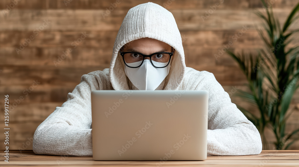 Poster cyber forensic specialist analyzing data on laptop with focus