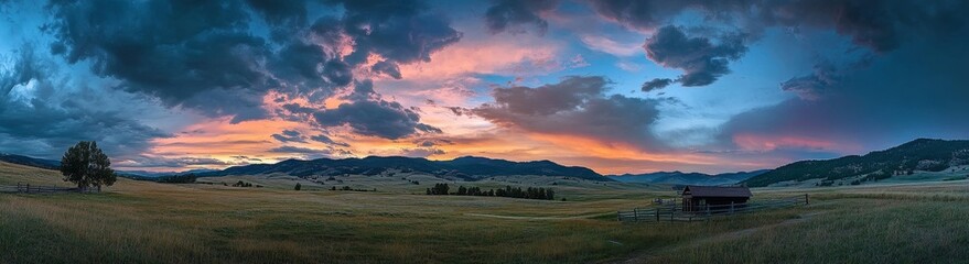 Obraz premium Dramatic sunset over a rural landscape with a barn