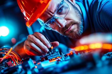 A man in a hard hat and glasses working on a circuit board