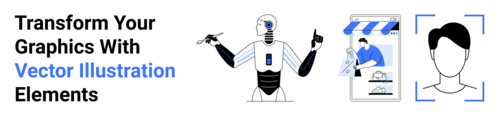 AI robot interacting, online storefront design editing, and user profile avatar creation. Ideal for tech, marketing, AI, e-commerce, branding, innovation and flat landing page banner