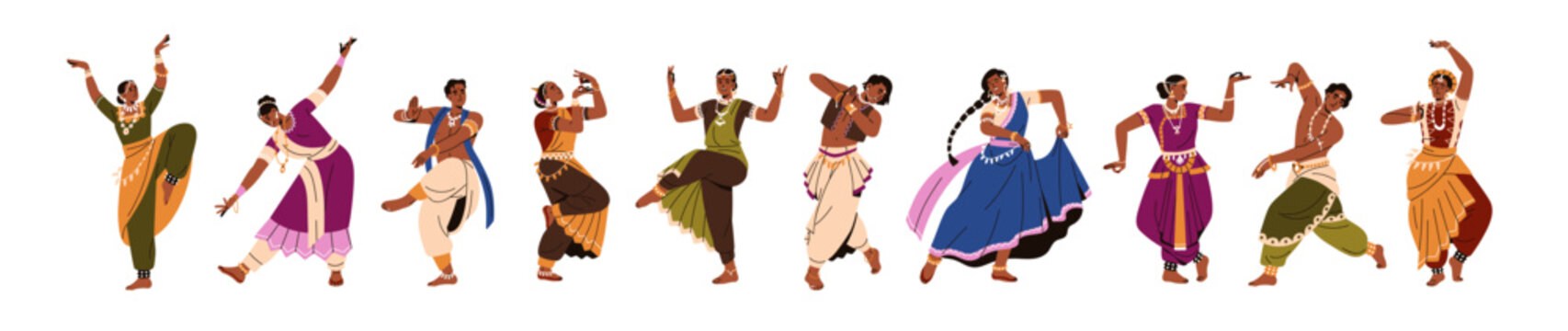 Indian folk dance performers in traditional cultural costumes. Male, female dancers from India, movement poses, performing Bharatanatyam, Kathak. Flat vector illustration isolated on white background