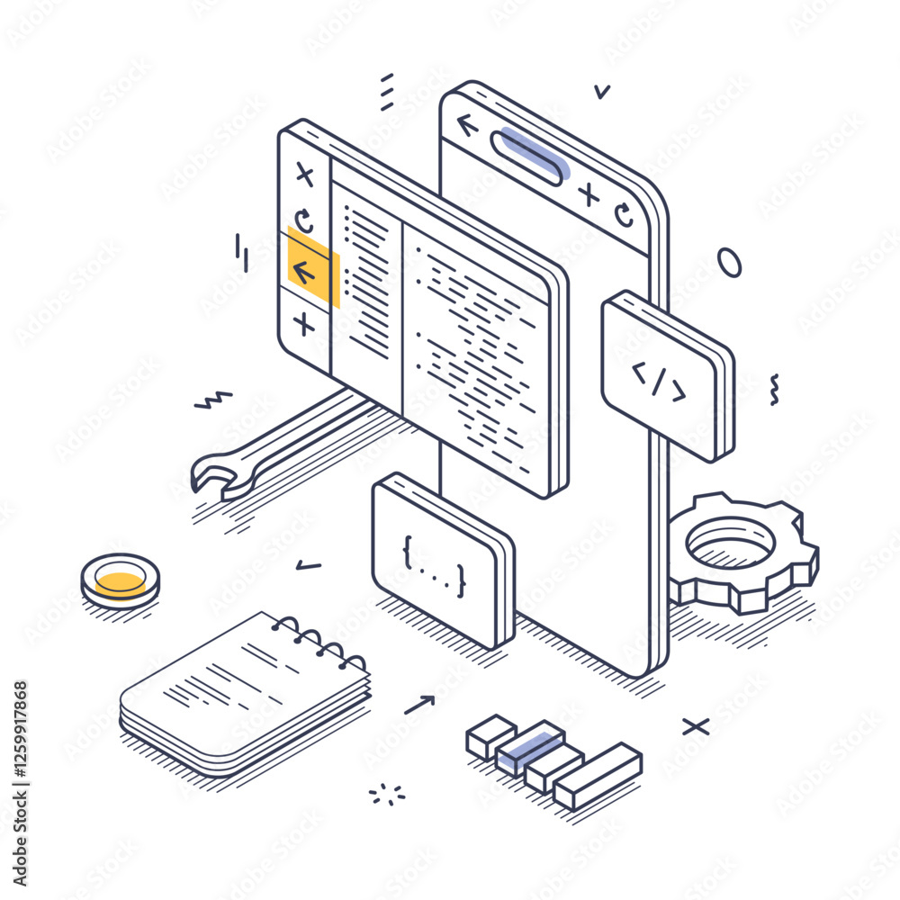 Poster Web development tools in an isometric line art style, including code snippets, a notepad, and design icons, illustrating the digital design workflow. Modern vector illustration