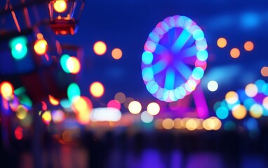 Colorful light and a vibrant Ferris wheel at a lively night fair with blurred crowd in the background