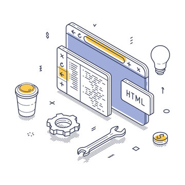 Computer displaying code with CSS and HTML icons, surrounded by design elements like a coffee cup and additional graphic symbols. Perfect for coding themes. Isometric line art illustration