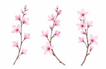 Watercolor drawings of cherry blossom branches from different angles on a white background, each branch is isolated