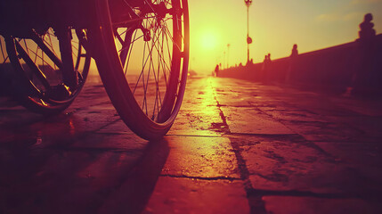 Sunset Wheelchair Silhouette on Cobblestone Path