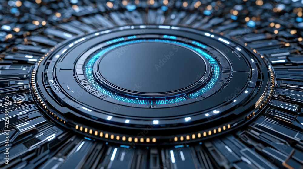 Poster futuristic circular technology design with glowing elements and intricate details