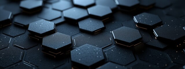 Fototapeta premium Dark Black Background with Hexagonal Patterns and Lines, Banner Template with White Space for Text. Minimalist Abstract Wallpaper with Copy Space on Black Background. Modern Wallpaper.