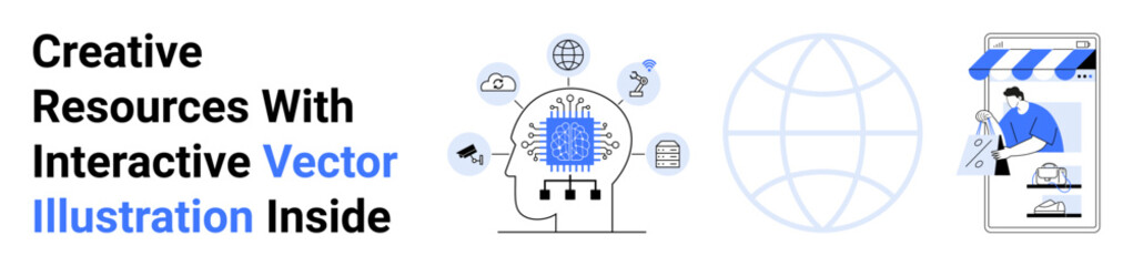 Neural network with circuit connections, a globe representing global reach, and an online store. Ideal for technology, AI, global connectivity, innovation, e-commerce, content creation flat landing