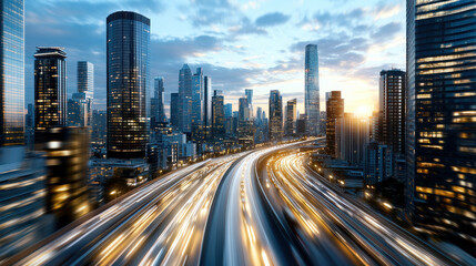 Obraz premium futuristic cityscape with AI automation and vibrant skyline at sunset