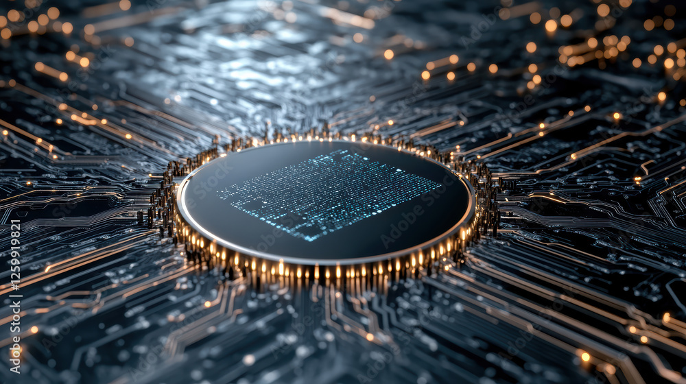 Poster futuristic circuit board with glowing elements and central processor