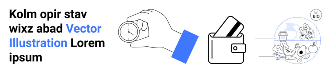 Hand holding a stopwatch, wallet with cards, and activity icons thumbs up dining, biking, and traveling. Ideal for productivity, time management, multitasking, financial management lifestyle