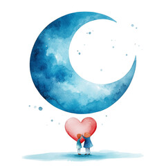 A dreamy crescent moon cradling a tiny heart
