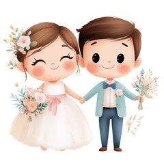 A kawaii-style bride and groom, smiling with big round eyes, rosy cheeks, holding hands