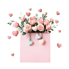 A pastel pink gift bag overflowing with tiny hearts and roses