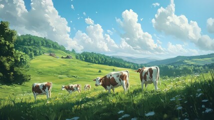 Serene Pastoral Landscape: Cows Grazing in a Sunny Meadow