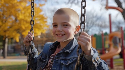 Boy with cancer swinging at a playground chains swaying gently