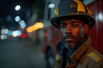 40 years old Barbadian male firefighter looking at camera against blurred firestation background.