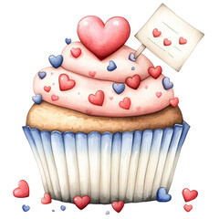 A cupcake with heart sprinkles, pink frosting, in watercolor