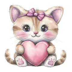 A playful chubby kitten holding a heart in watercolor