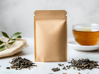 Discover a stunning close-up of an elegant loose tea bag packaging with tea leaves and a cup,...