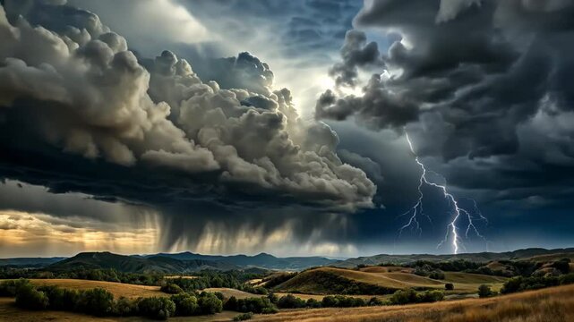 Majestic storm brewing over rolling hills as lightning dances in the sky at sunset. Generative AI
