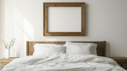 Highlighting a stylish frame in a cozy, minimalist bedroom setup.