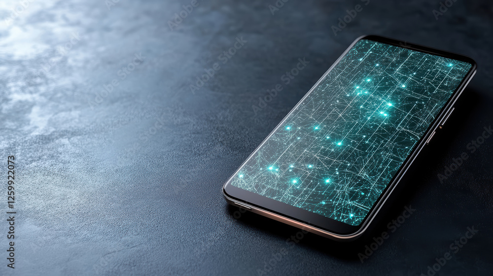 Poster futuristic smartphone displaying highly interactive digital interface