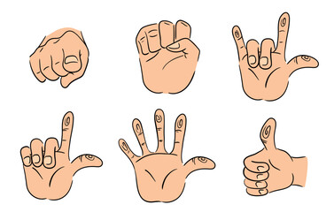 Six different hand gestures illustrated in cartoon style that can be used for communication, signaling, or expressing emotions.