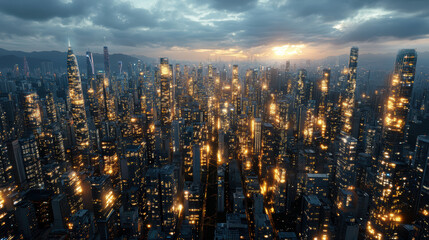 Fototapeta premium futuristic smart city skyline illuminated at dusk, showcasing vibrant lights