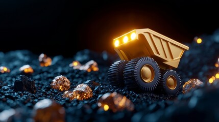A miniature dump truck illuminated among dark terrain, with shiny stones scattered around, showcasing an industrial or construction theme.
