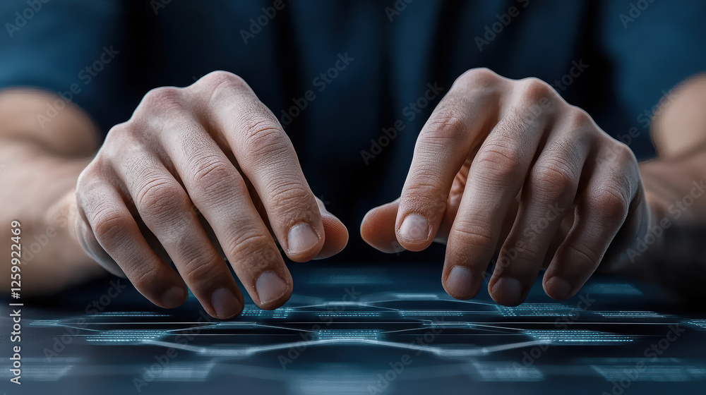 Poster futuristic hands interacting with digital technology and data visualization