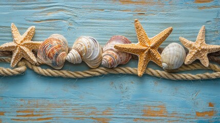 Seashells and starfish on a rope border with copy space over a blue wooden background, a summer concept for vacation.