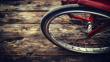 Red Wheelchair Wheel on Rustic Wooden Floor