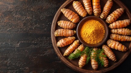 A wooden platter displaying fresh turmeric roots and turmeric powder, emphasizing natural ingredients.