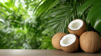 Fresh coconuts on wooden table with tropical foliage in background