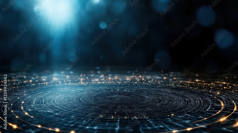 Poster mesmerizing digital landscape with glowing circular patterns and lights